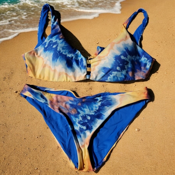 Other - Becca Buckle Reversible Bikini Top L Bottom L Blue Yellow Orange Tie Die